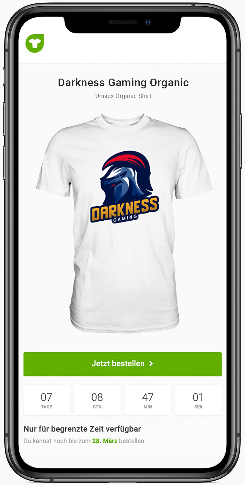 Smartphone mit Crowdfunding-Kampagne und T-Shirt-Abbildung